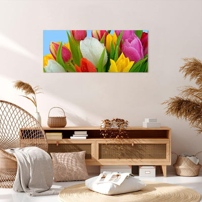 Wandbilder Dekoration Wohnzimmer Tulpen Blumenstrauss Blumen Tau Panorama Bilder auf Leinwand 120x50