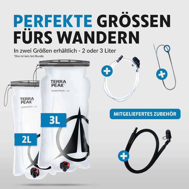 Terra Peak® Premium Trinkblase 2L oder 3L INKL. 2 x Schlauch &amp; 1 x Reinigungsbürste für Rucksack, Wa