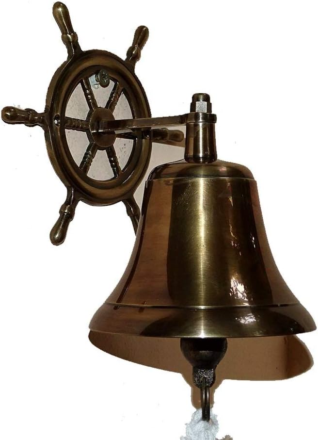Schiffsglocke, Glocke mit Kordel, Wandhalterung als Steuerrad Messing brüniert