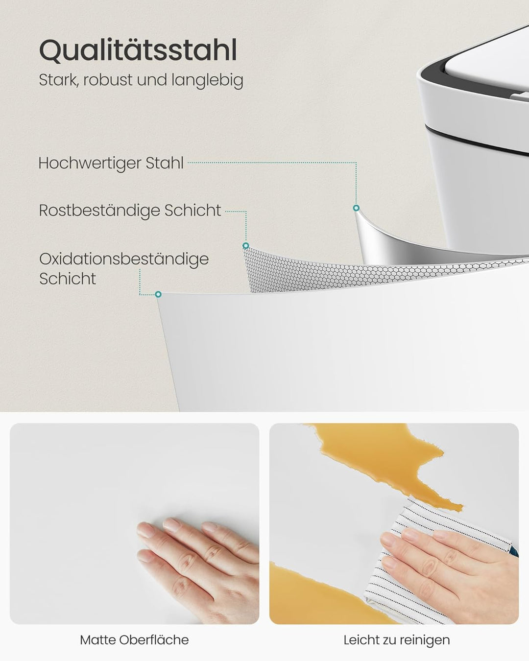 SONGMICS Mülleimer Küche, Mülltrennsystem 3 Fächer, 2 x 10 L und 30 L, Abfalleimer aus Stahl, platzs