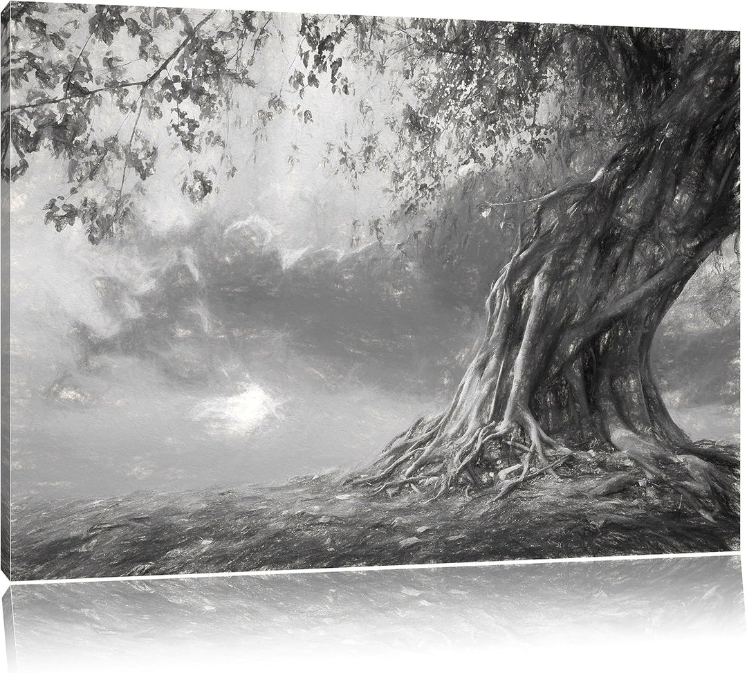 Pixxprint Verwurzelter starker Baum im Sonnenuntergang Kunst Kohle Effekt, Format: 100x70 auf Leinwa