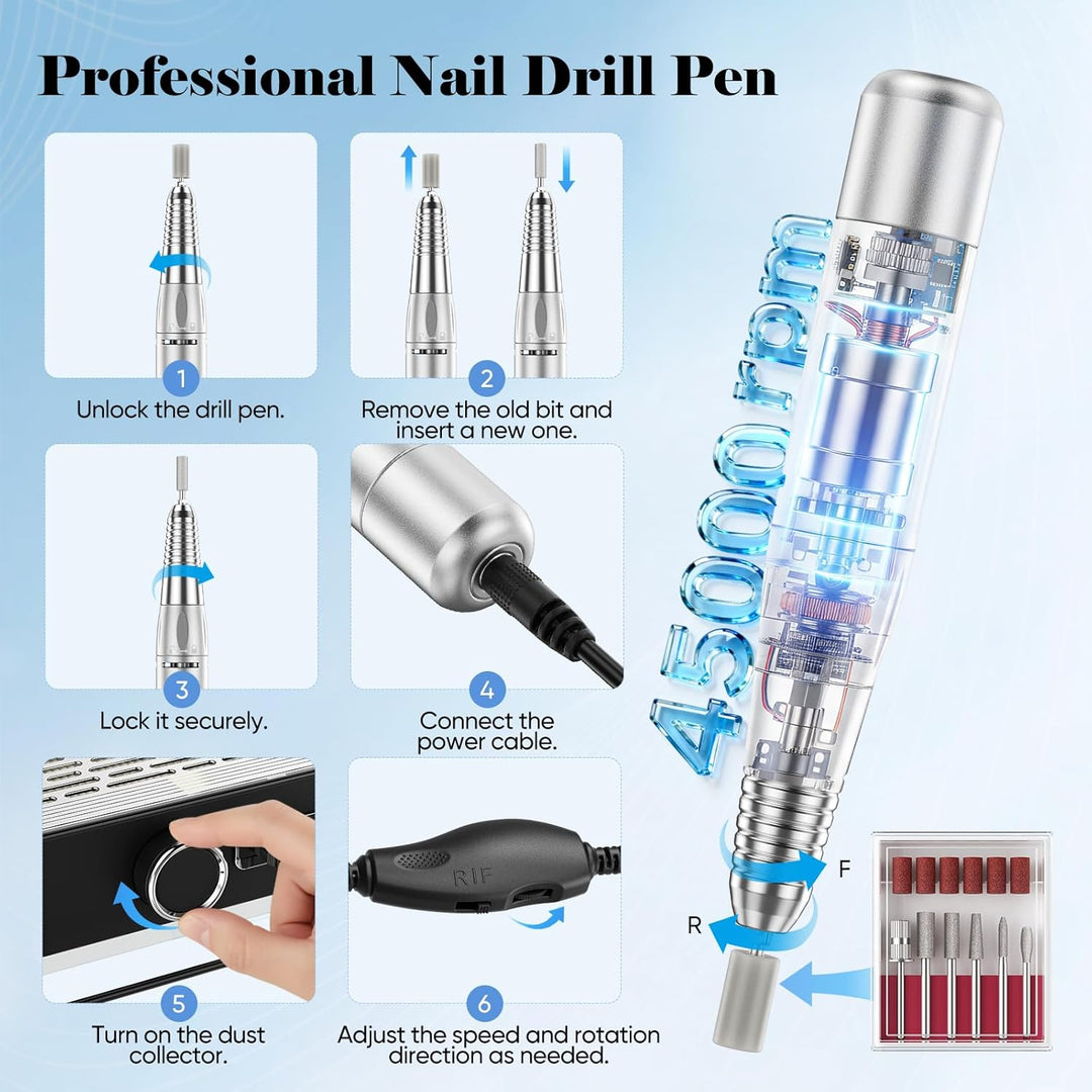 4-in-1 Elektrische Nagelfeile mit Staubsauger, LED-Lampe & Powerbank, 45.000 U/min Professionelle Na