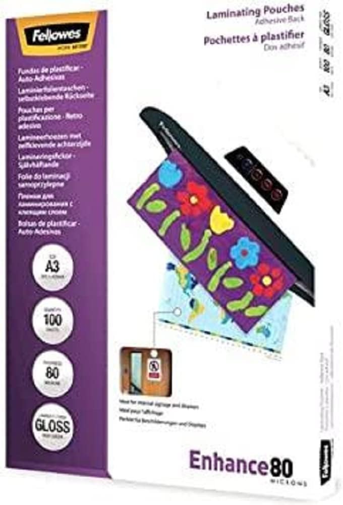 Fellowes Laminierfolie A3, 80 Mikron (2 x 80 mic), Heisslaminierfolien mit selbstklebender Rückseite