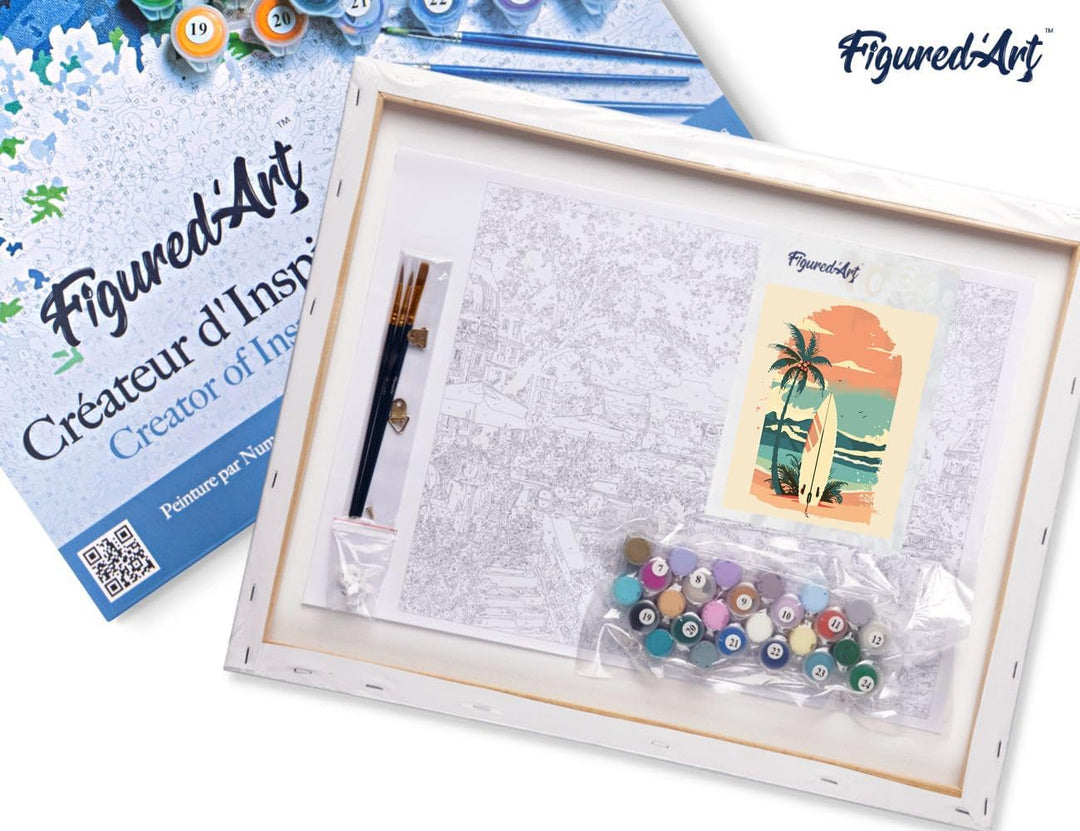 Figured'Art Malen Nach Zahlen Erwachsene Mit Rahmen Surfbrett am Strand - Paint by Numbers Basteln D