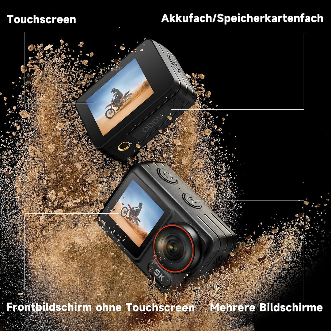 syndesmos Wasserdicht Action Cam 5K 30FPS, Dual-Touchscreen, 64MP Ultra HD-Unterwasserkamera, EIS An
