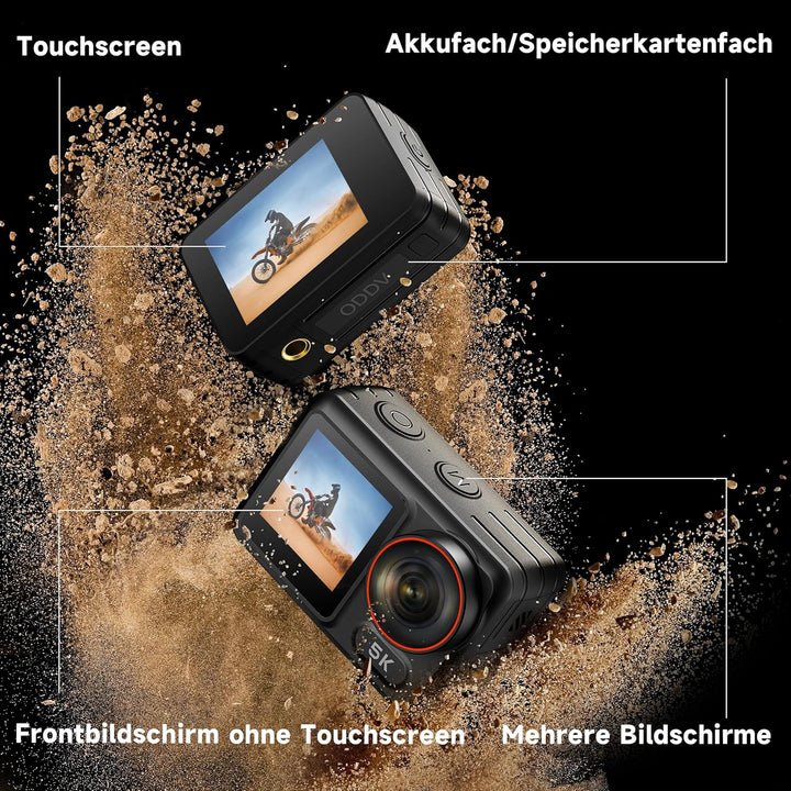 syndesmos Wasserdicht Action Cam 5K 30FPS, Dual-Touchscreen, 64MP Ultra HD-Unterwasserkamera, EIS An