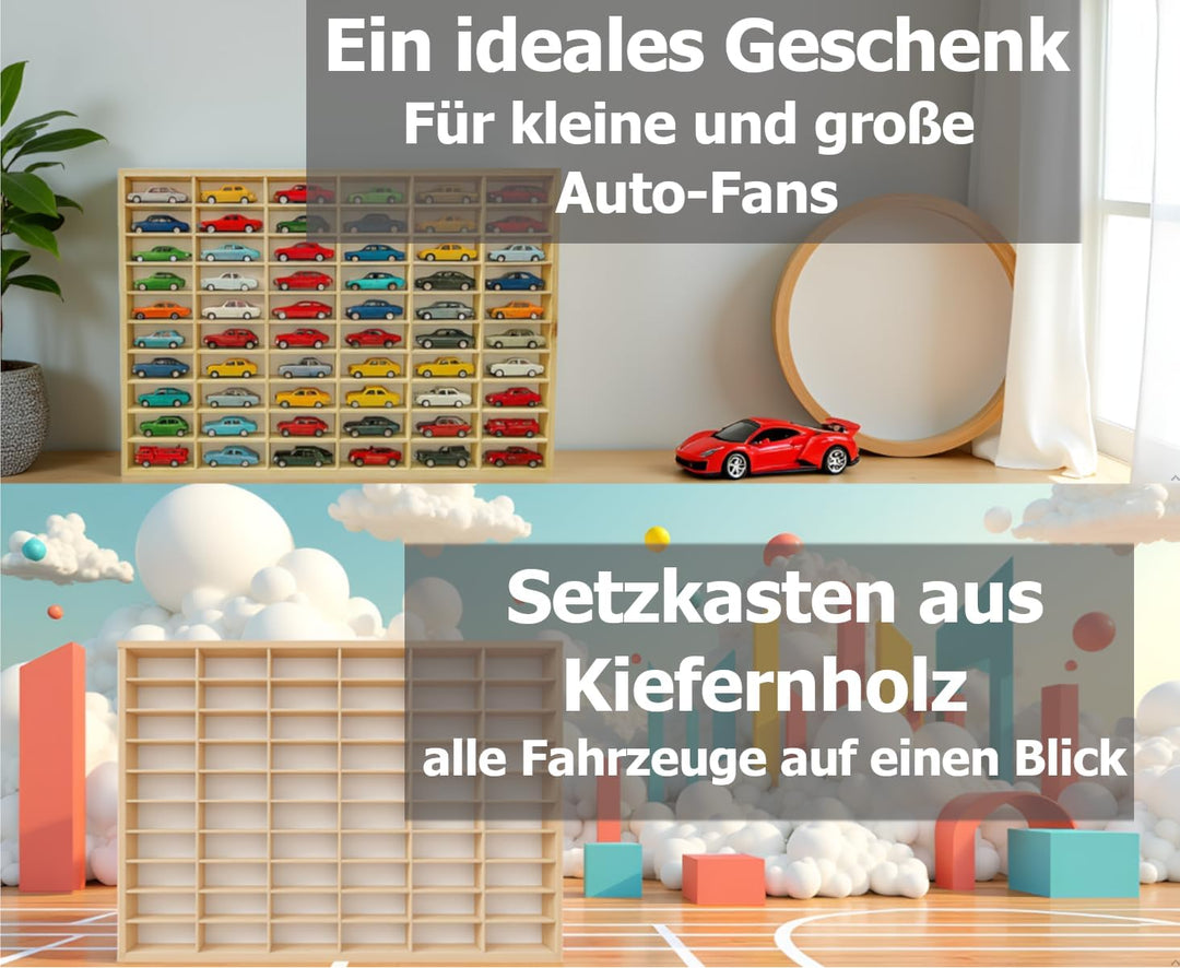 Setzkasten für Modellautos aus Holz von FabaHome - Sammelvitrine für Autos mit 60 Fächern | Wandrega