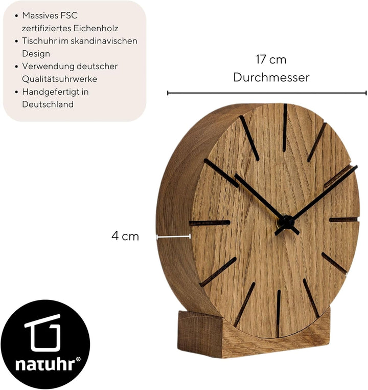 Natuhr Wanduhr Tischuhr Eiche Holz - Boom - geräuscharm Massivholz Design ø17 cm (Eiche dunkel geölt