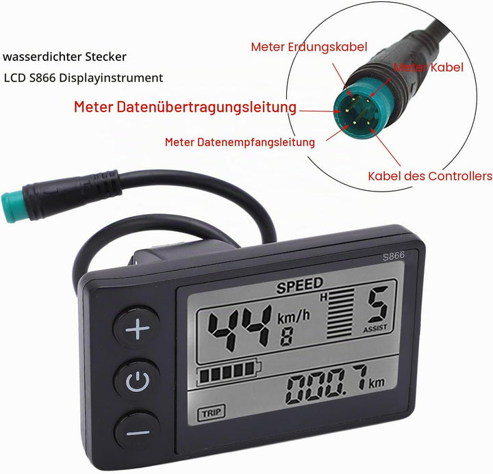 Elektrofahrrad-LCD-Display, S866 Fahrradcomputer, 24 V 36 V 48 V Bedienfeld mit Wasserdichtem Stecke