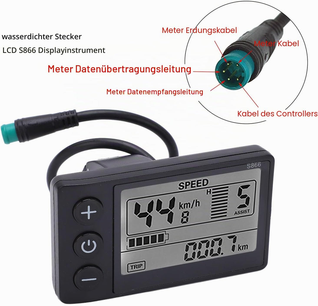 Keenso Elektrisches Fahrrad S866 LCD-Display Meter 24V 36V 48V Bedienfeld mit Wasserdichtem Stecker