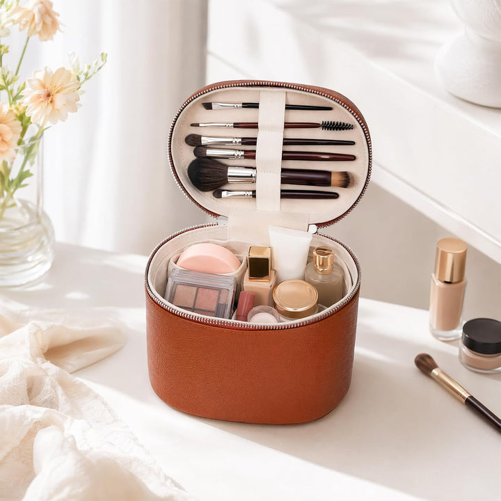 Kosmetiktasche, Leder-Make-up-Tasche, tragbare Make-up-Tasche, abnehmbare Fächer, Braun Braun M(8*5.