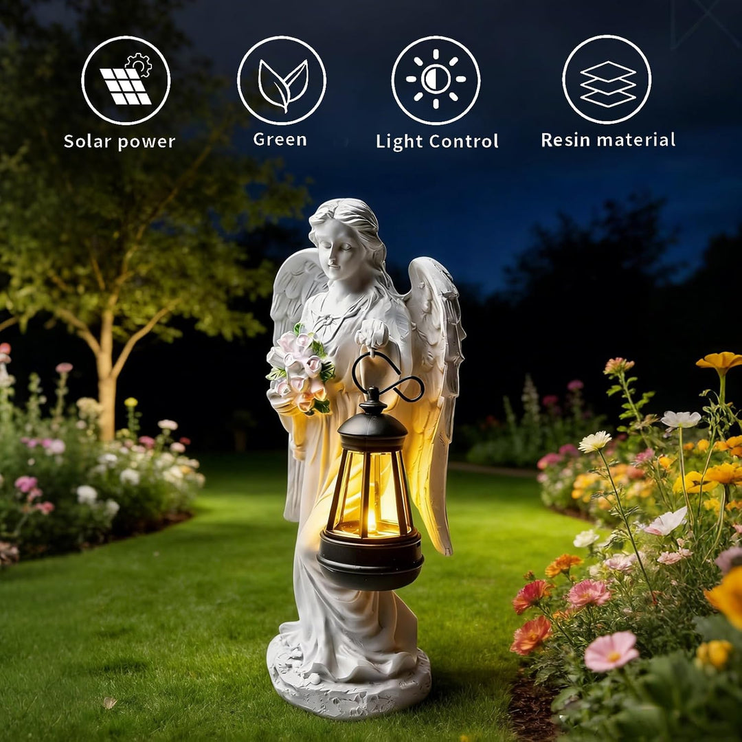 GOMETY Solar Engel Gartenstatuen, Schutzengel-Figur mit LED Solar Laterne, Grablicht Outdoor-Deko, E