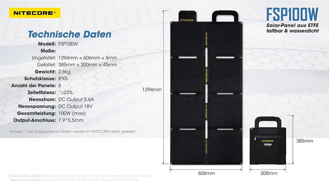 Nitecore Solarpanel FSP100 IPX5-100W, wasserfest