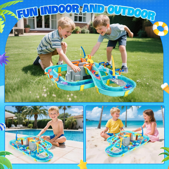 Wasserspielzeug mit Wasserbahn, 80 Teile Wasserbahn Kinder Draussen - Wassertisch Kinder mit Booten,