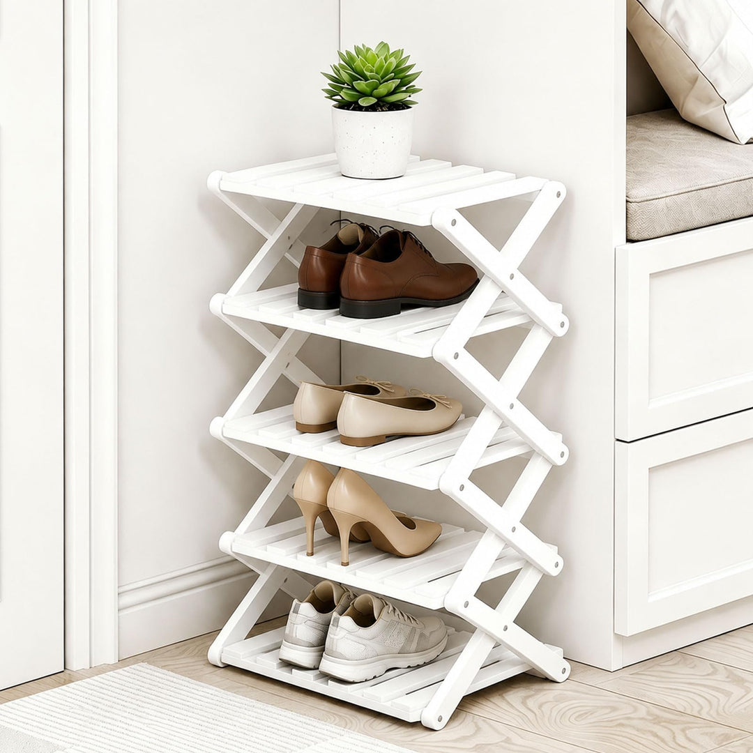 Kleines Schuhregal, Weiss, 5 Etagen, Bambus, Faltbar, Schuh-Organizer, Freistehendes Regal für Einga
