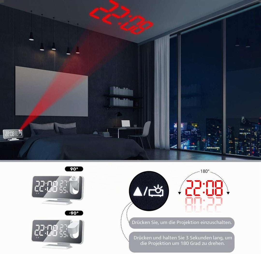 EVILTO Projektionswecker 180° Decke – Digitaluhr elektrisch Snooze-Funktion 12/24 Stunden Lautstärke