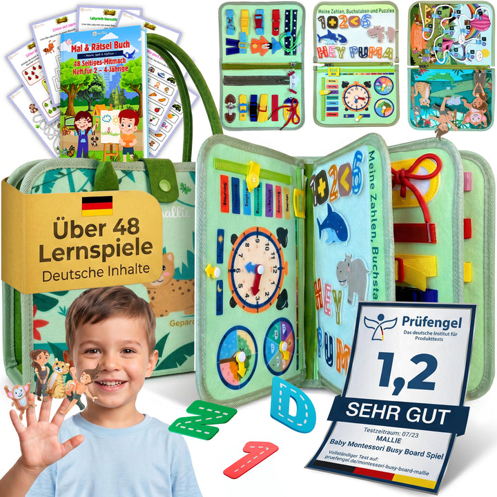 Mallie® Montessori Busy Board mit Rollenspiel-Set & Fingerpuppen [Version 2025] Lernbuch - Fördert F