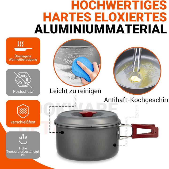 Bulin Camping Kochgeschirr Set,Outdoor Geschirr Set Aluminium,Camping Töpfe und Pfannen für 1-2 Pers