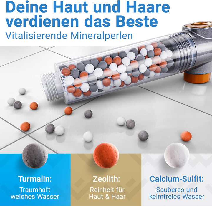 LOBENSWERK Duschkopf mit Filter [3 Modi - inkl. Booster] Duschkopf wassersparend mit Mineralperlen |