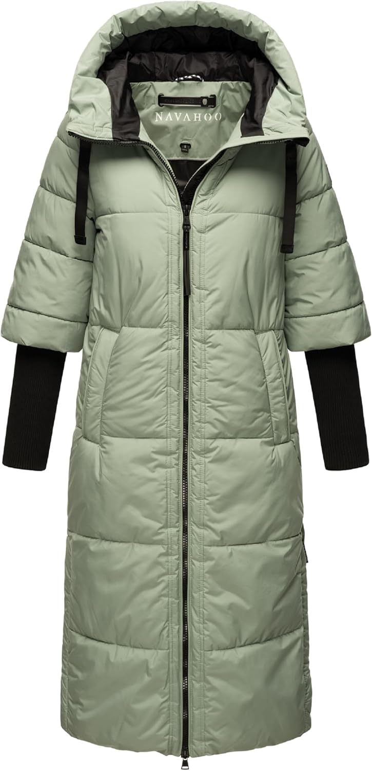 Navahoo Damen Langer Wintermantel Warmer Steppmantel mit Kapuze und Rippstrickärmeln Ciao MIAU XIV X