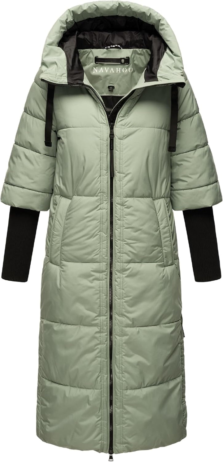 Navahoo Damen Langer Wintermantel Warmer Steppmantel mit Kapuze und Rippstrickärmeln Ciao MIAU XIV X