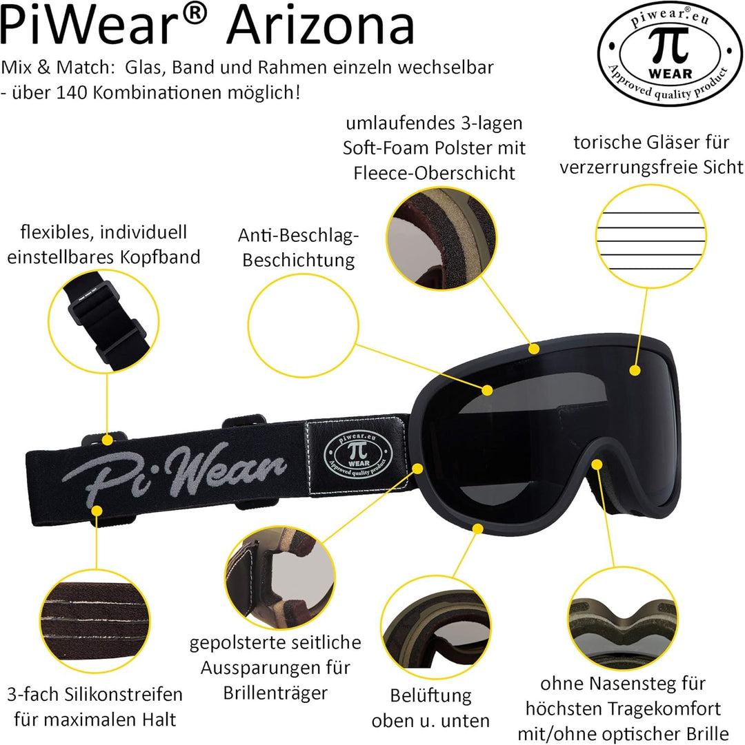 PiWear Arizona Motorradbrille Überbrille für Brillenträger Retro gepolstert beschlagfrei Rahmen und