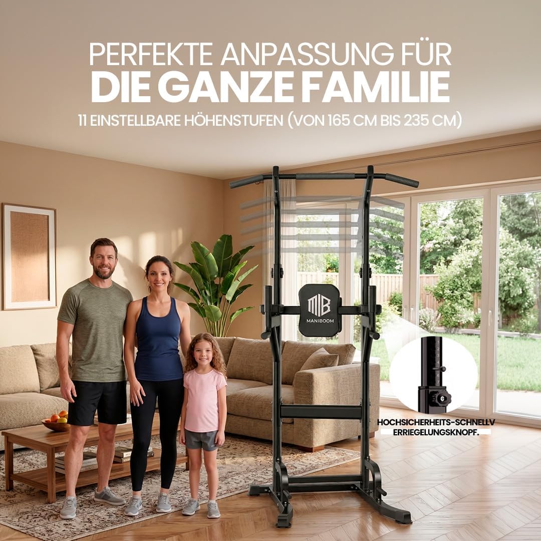 ManiBoom "FELSENFEST" Klimmzugstange freistehend (220 KG) - Höhenverstellbare Power Tower (165-235 c