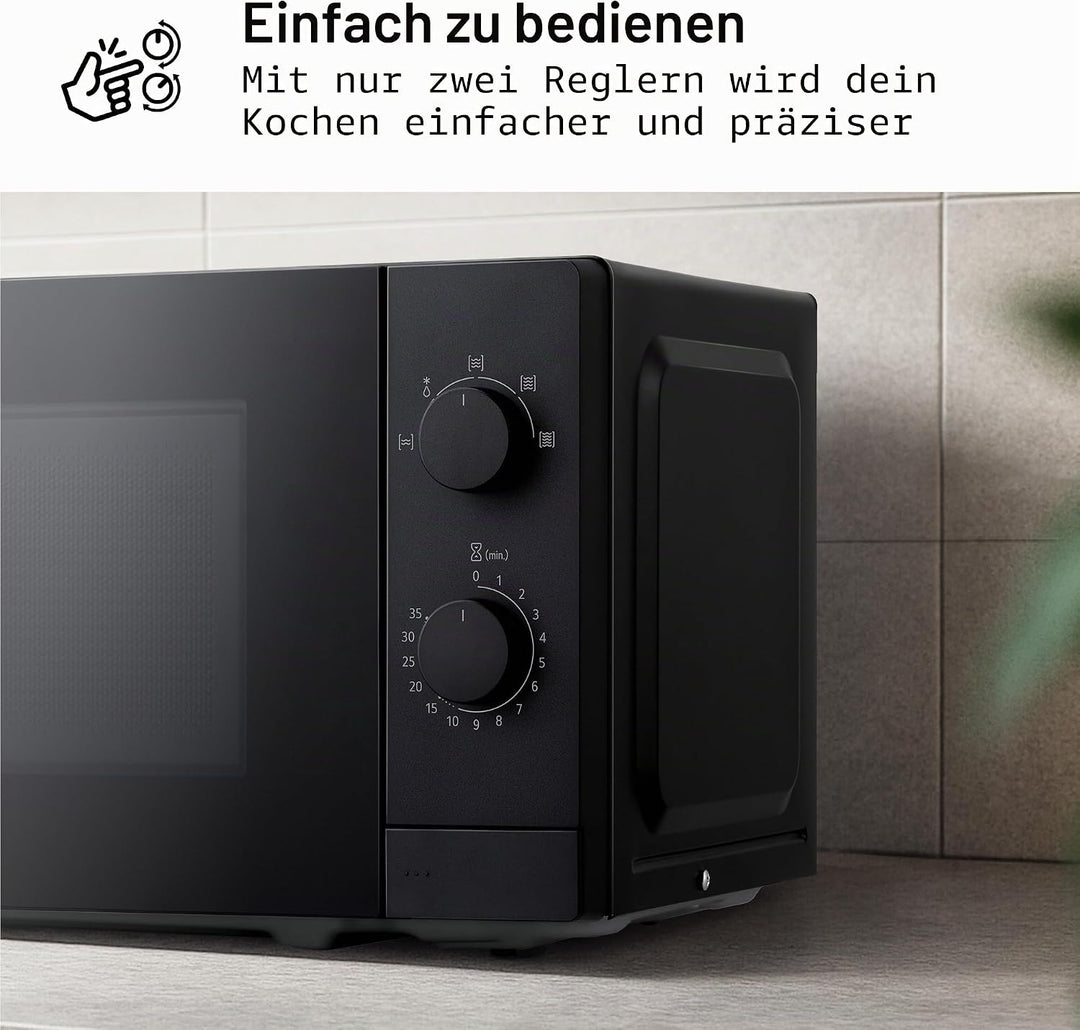 LG MS2082F Mikrowelle, 20 Liter, 700 W, Schwarz, 44,5 x 25,8 x 34,5 cm, mechanische Steuerung, 5 Lei