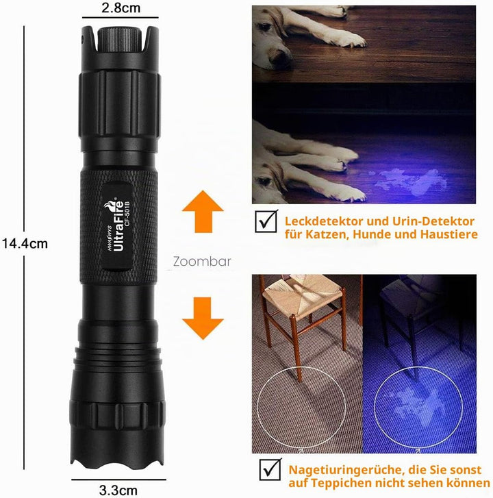 ULTRAFIRE UV Taschenlampe 395-405nm Schwarzlicht Stufenlose Dimmung Zoom Mini Ultraviolett LED Tasch