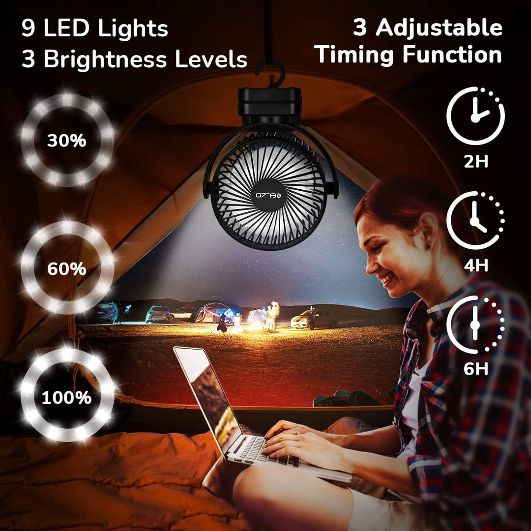 ELZO 12000mAh Camping Ventilator, Wiederaufladbarer Tischventilator USB Mini Ventilator mit LED Lich