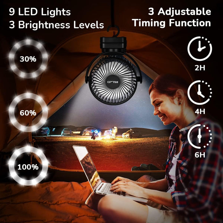 ELZO 12000mAh Camping Ventilator, Wiederaufladbarer Tischventilator USB Mini Ventilator mit LED Lich