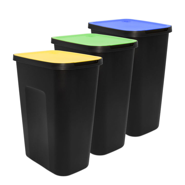 Spetebo Abfalleimer schwarz mit farbigem Klappdeckel 3er Set - 50 L - Mülltrennsystem für Kunststoff