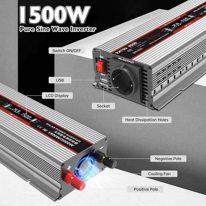 DATOUBOSS Wechselrichter 24v auf 230v Reiner Sinus 1500W/3000W Spannungswandler mit LCD-Display,USB