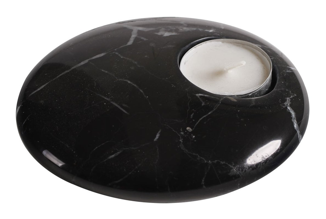 Yuchengstone Teelichthalter oder Kerzenhalter Naturstein massiv Marmor schwarz rund, Schwarz