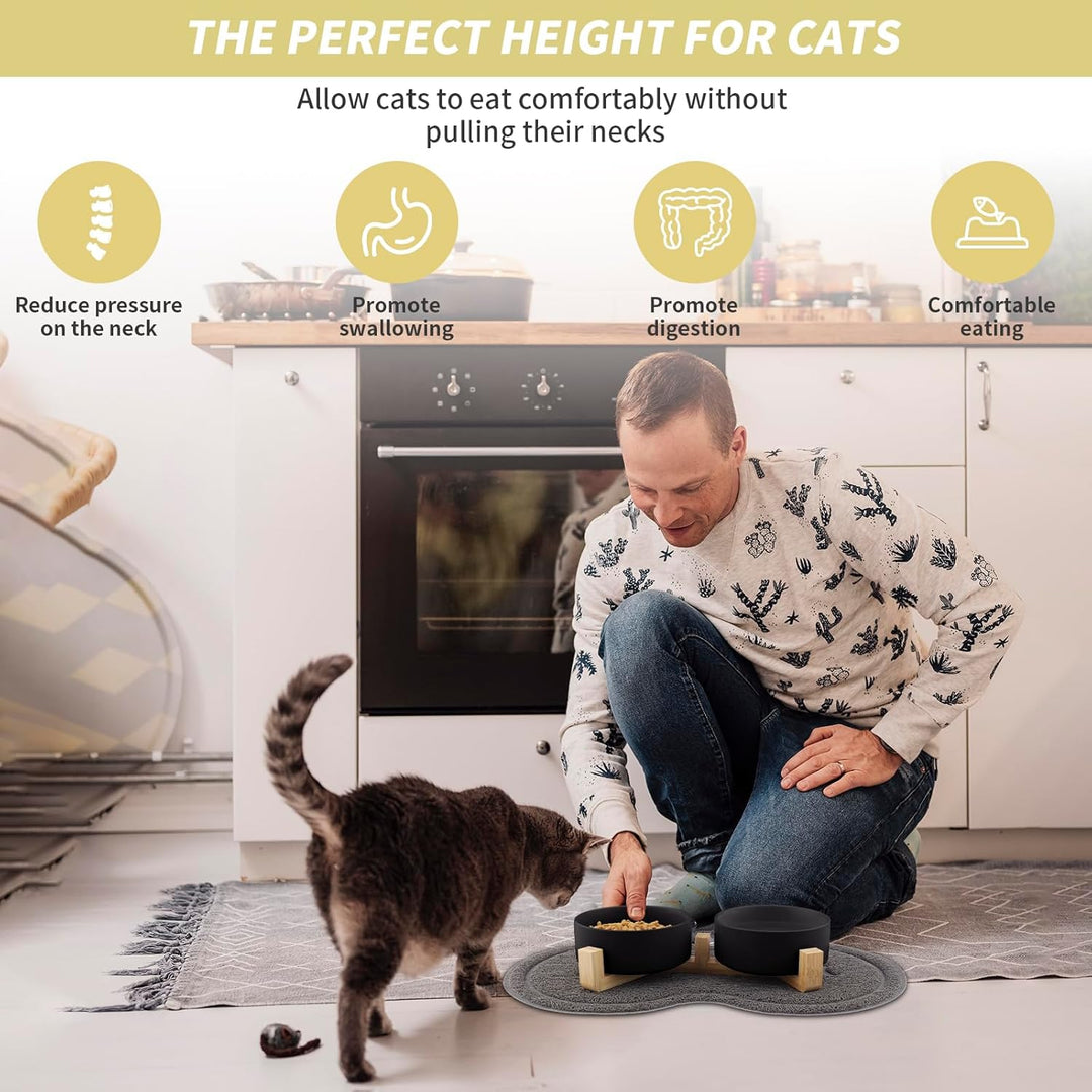 Katzennapf, 2 Stück Keramik Futternapf Katze Set, 3-in-1 rutschfeste Katzennäpfe mit Holzstände und