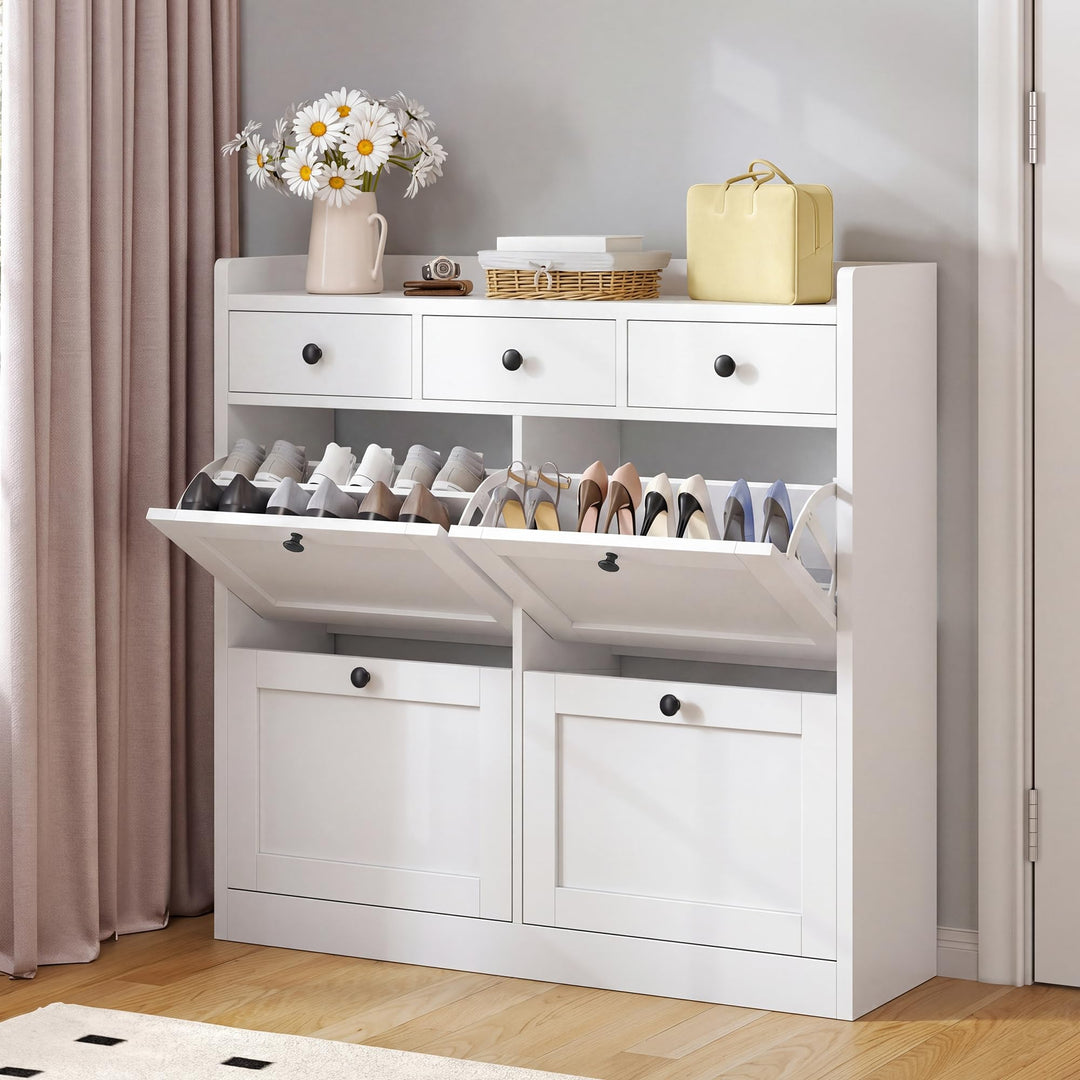 YITAHOME Schuhschrank mit 4 Klappen, Schuhregal Schuhkipper Schmal, Schuhregal mit 8 Ablageflächen V