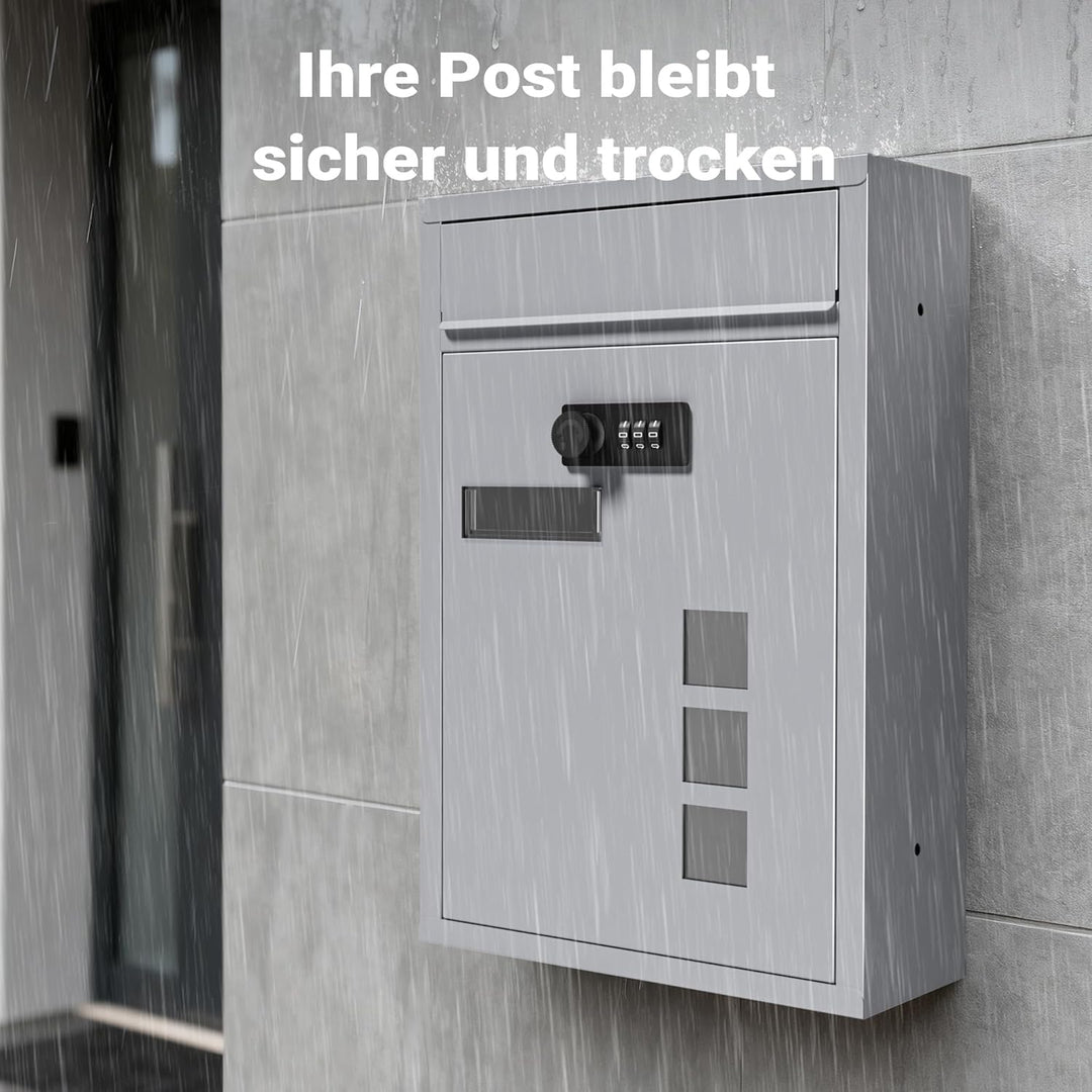 Wiltec Briefkasten silberfarben 215x320x90mm Briefkasten mit Zahlenschloss, Namensschild und Sichtfe