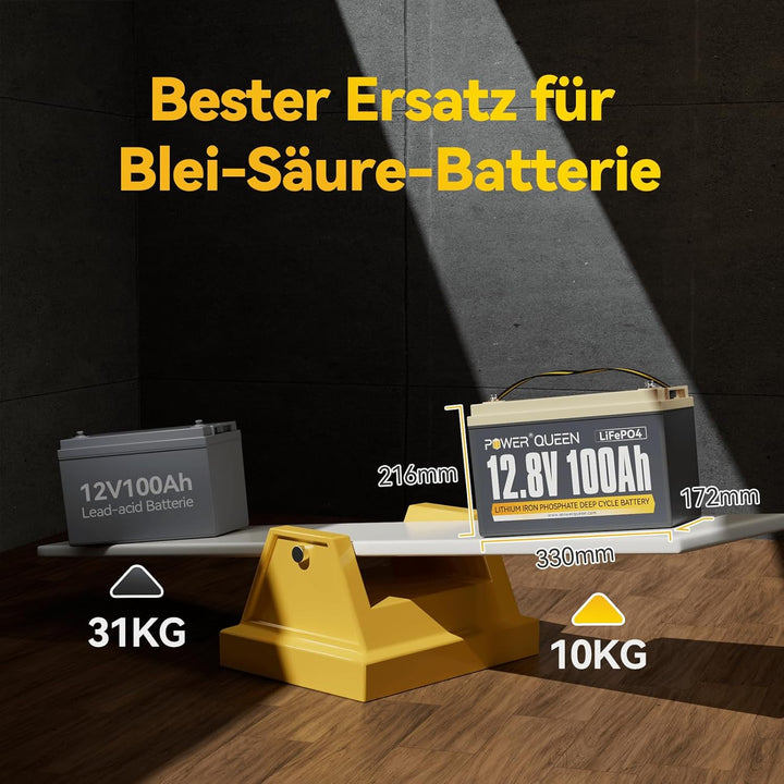 Power Queen 12V 100Ah LiFePO4 Batterie, 1280Wh Lithium Batterie mit 100A BMS, Max.15000+ tiefe Zyklu