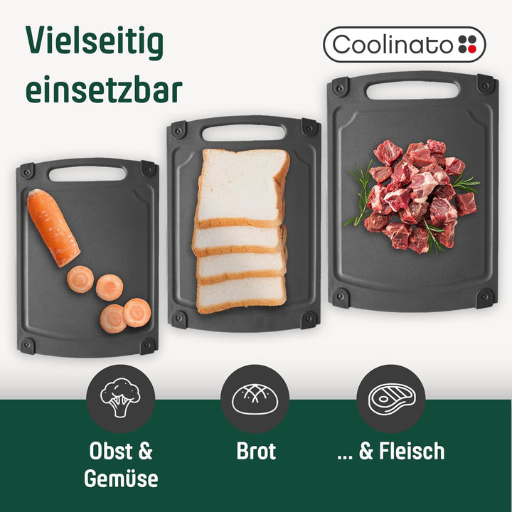 Coolinato Schneidebrett 3er Set in unterschiedlicher Grösse mit Saftrille - Antibakterielle Schneidb
