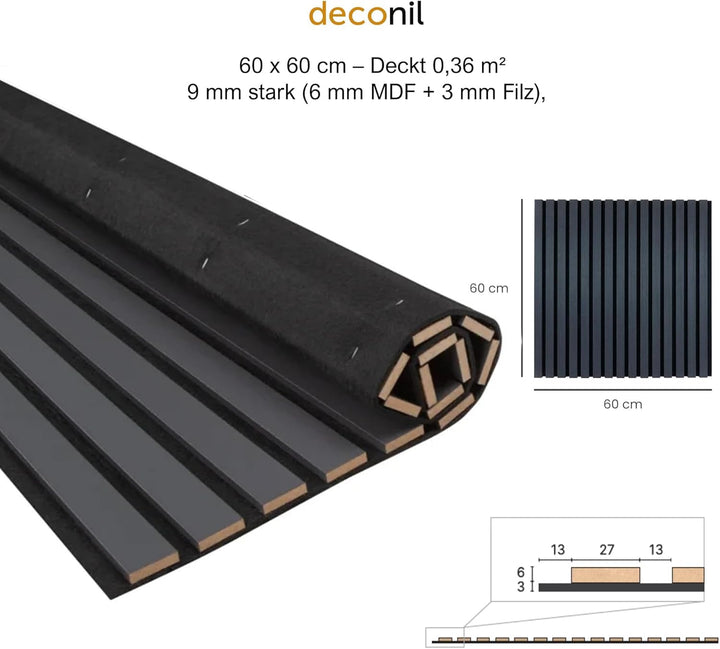 Dekorative Wandpaneele mit Filz und MDF Leisten – 60x60 cm - Nachhallreduzierend & Flexibel – 3 mm F