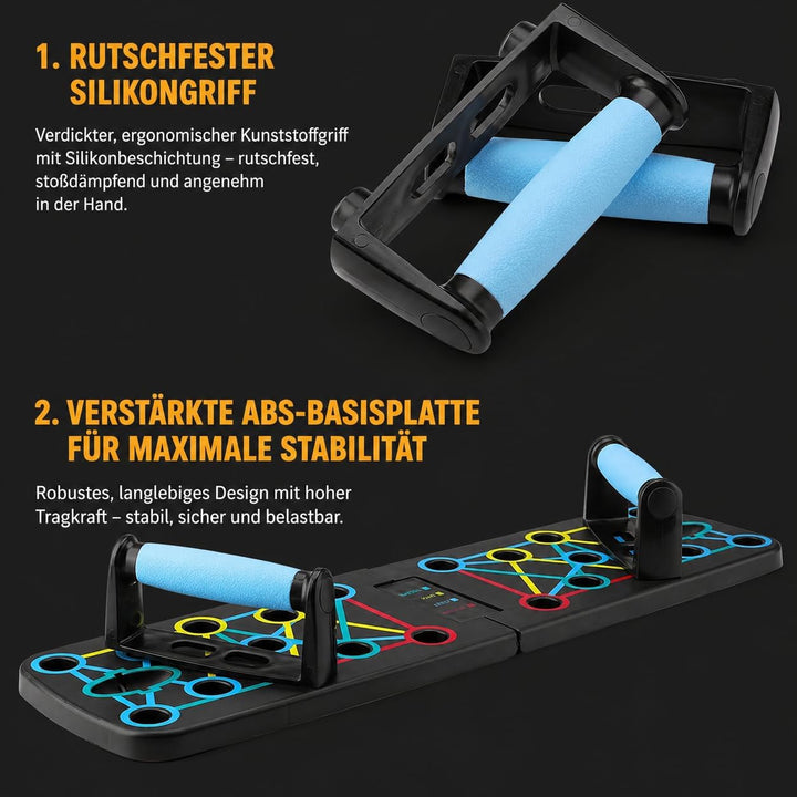 FUNFLEX Liegestützbrett 17-in-1 Push-Up Board – Faltbares Trainingsboard mit Griffen & Widerstandsbä