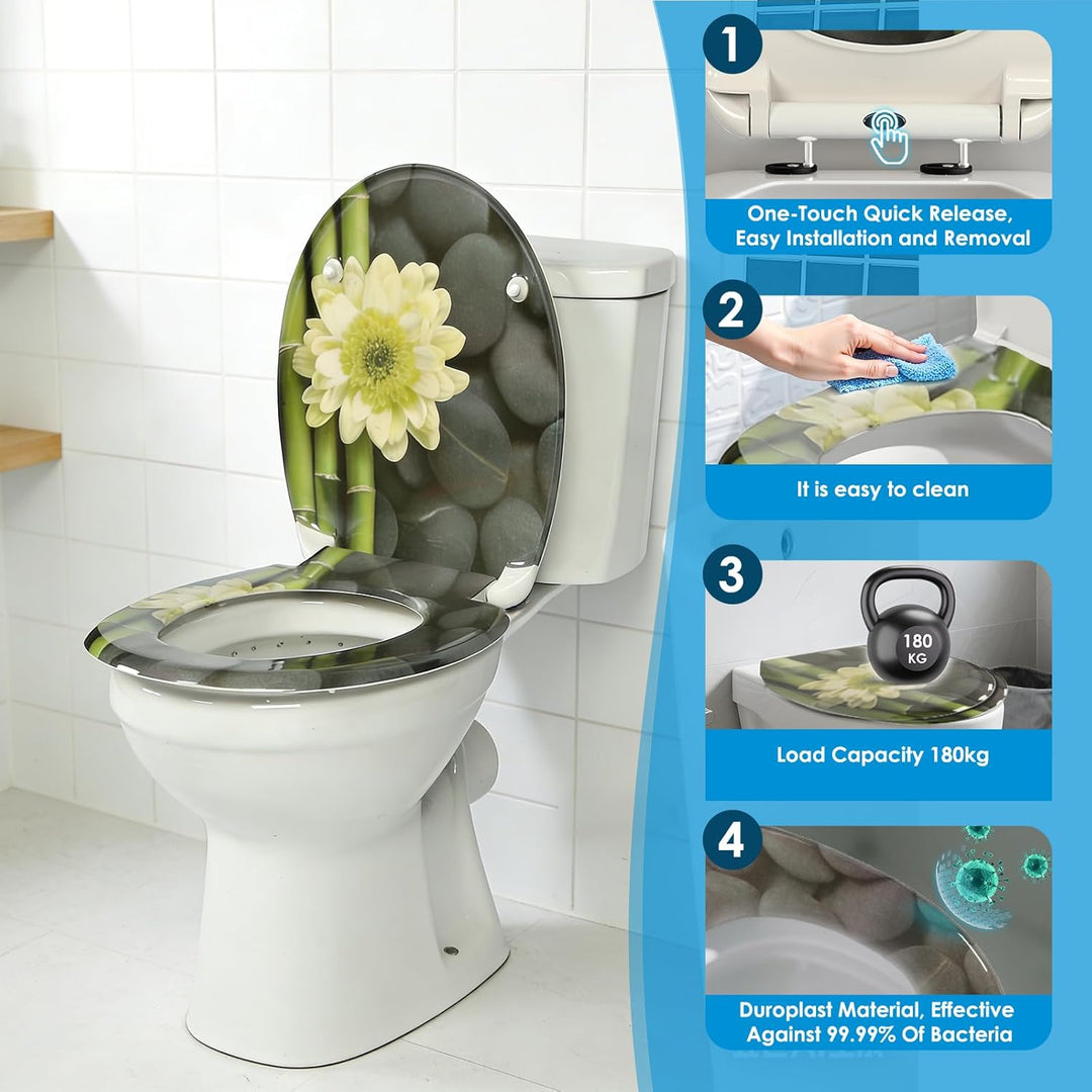Duroplast-Toilettensitz, O-förmiger Toilettendeckel mit Soft-Close-Mechanismus, Edelstahlscharnier,