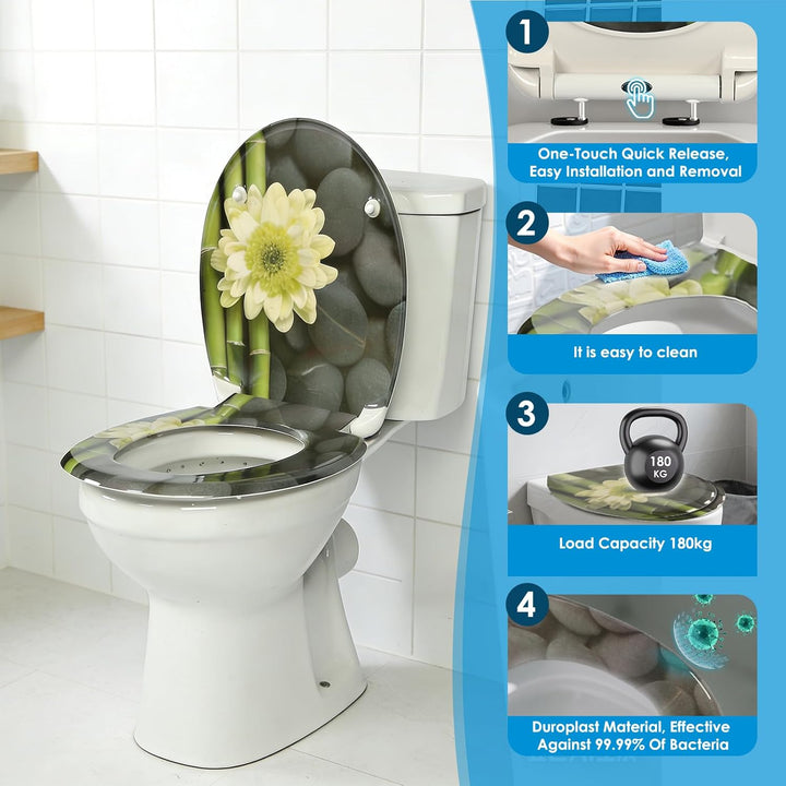 Duroplast-Toilettensitz, O-förmiger Toilettendeckel mit Soft-Close-Mechanismus, Edelstahlscharnier,