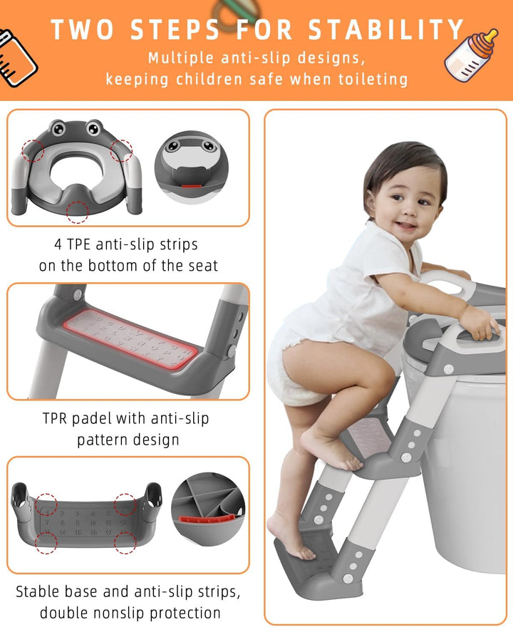 Toilettensitz Kinder mit Treppe, Toilettentrainer für Kinder, WC Sitz mit PU Gepolsterter, Höhenvers
