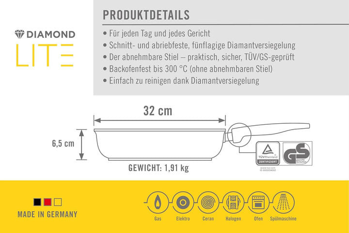 Woll Diamond Lite Hochrandpfanne, Ø 32 cm, 6.5 cm hoch, mit abnehmbarem Stiel - Geeignet für Ceran,