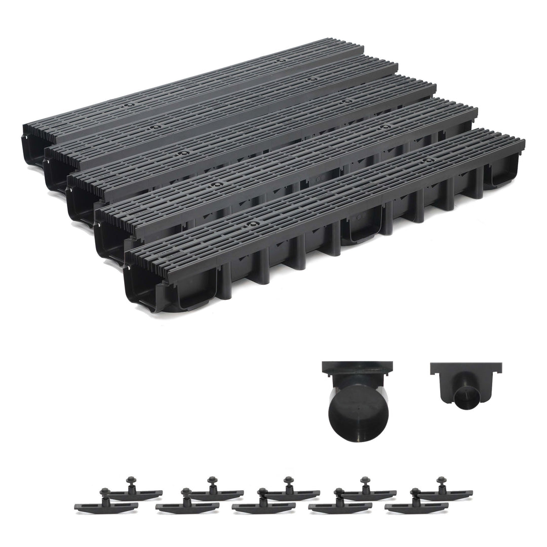 5m Entwässerungsrinne für modulares System A15 98mm, komplett Stegrost Kunststoff, Schwarz Line