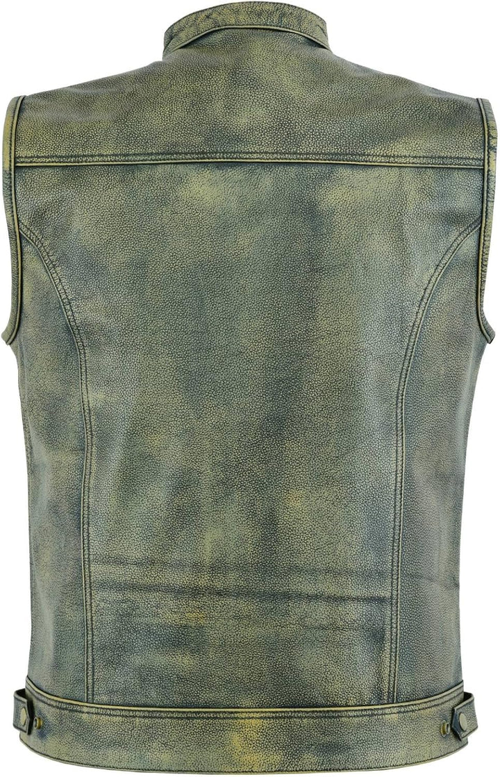 Leatherick Herren Top Grain SOA Anarchy Distressed Biker Leder Weste – Vintage Motorrad Weste (M - E