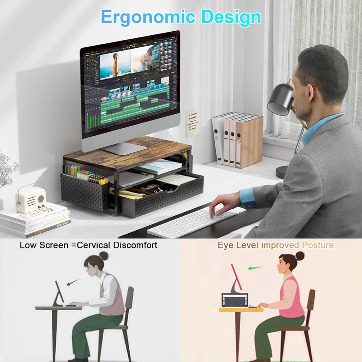 Monitorständer mit Schublade, Schreibtischorganizer und Zubehör, 2-stufiger Computer Monitor Erhöhun