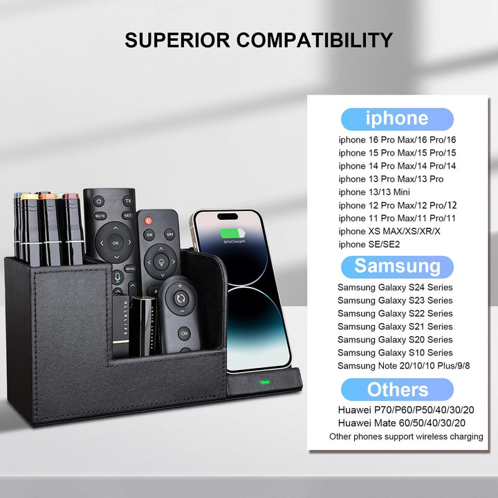 LADSTAG Stiftehalter Schreibtisch Organizer mit Induktive Ladestation, Leder Büro Organizer Schreibt
