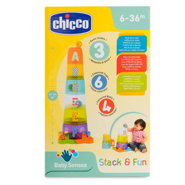 Chicco 2in1 Stapelbecher und Kugelbahn, 6 stapelbare Formen und verschiedene Kugel mit Buchstaben un
